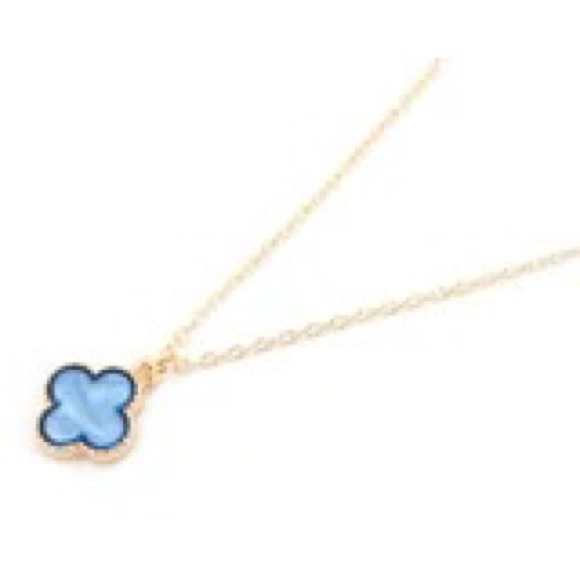 Goldtone Trimmed Blue Shell Quatrefoil Necklace - Picture 1 of 1